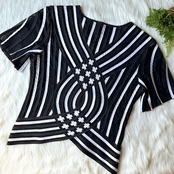 Shana K Black & White Stripe Criss Cross Mesh Top Blouse V Neck Sheer Shirt S - Picture 3 of 3